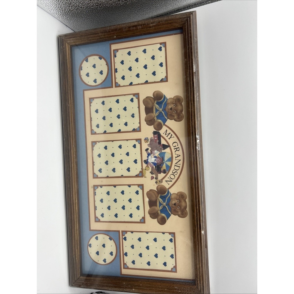 Vintage 90s Oak Frame My Grandson Teddy Bear Themed Photo Collage Frame 9" X 17‎